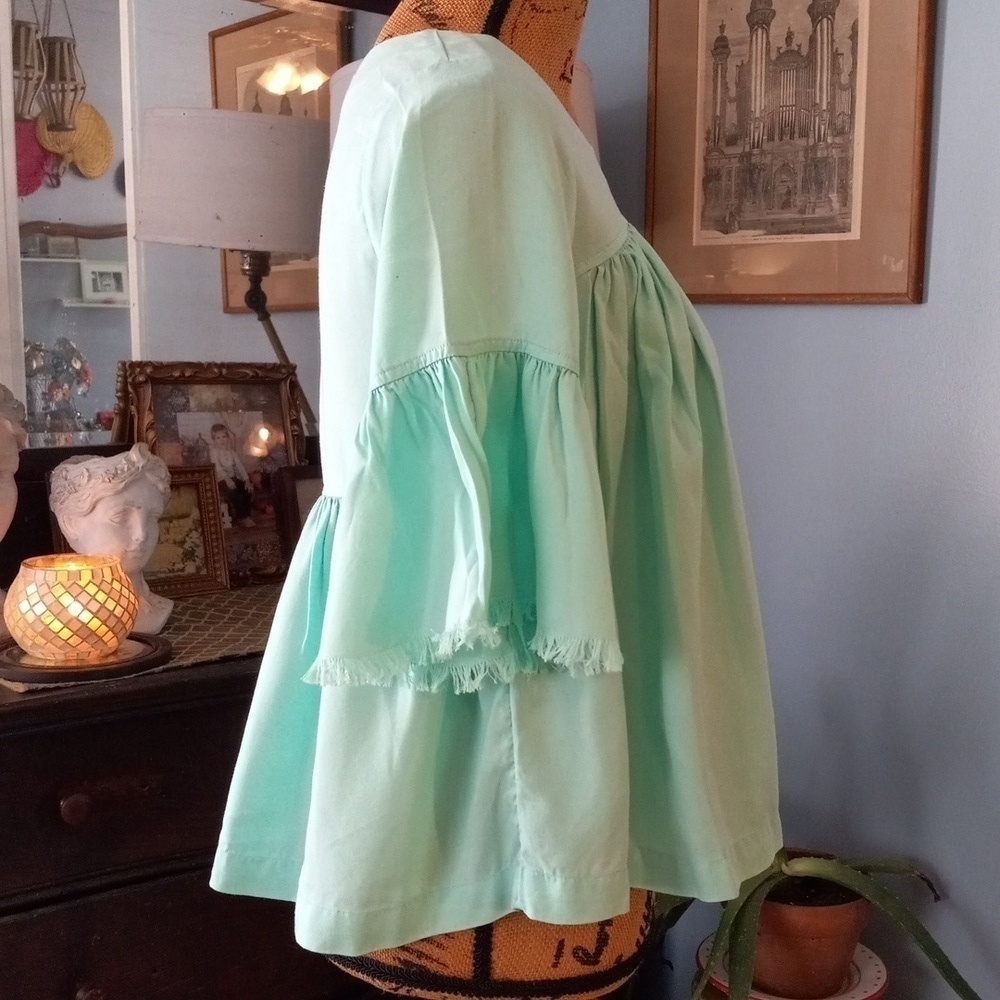 Crown and Ivy Mint Blue-Green Babydoll Pleated Bell Sleeve Blouse - Picture 6 of 13